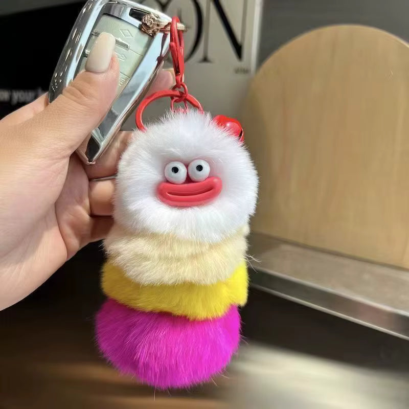 Fendiz Pompom Clown Keychain Plushies Plush Stuffed Sausage Big Mouth Colorful Rabbit Furry Pendant Backpack Decor Fendiz