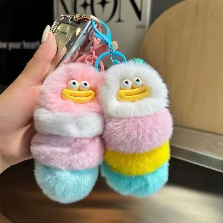 Fendiz Pompom Clown Keychain Plushies Plush Stuffed Sausage Big Mouth Colorful Rabbit Furry Pendant Backpack Decor - Fendiz