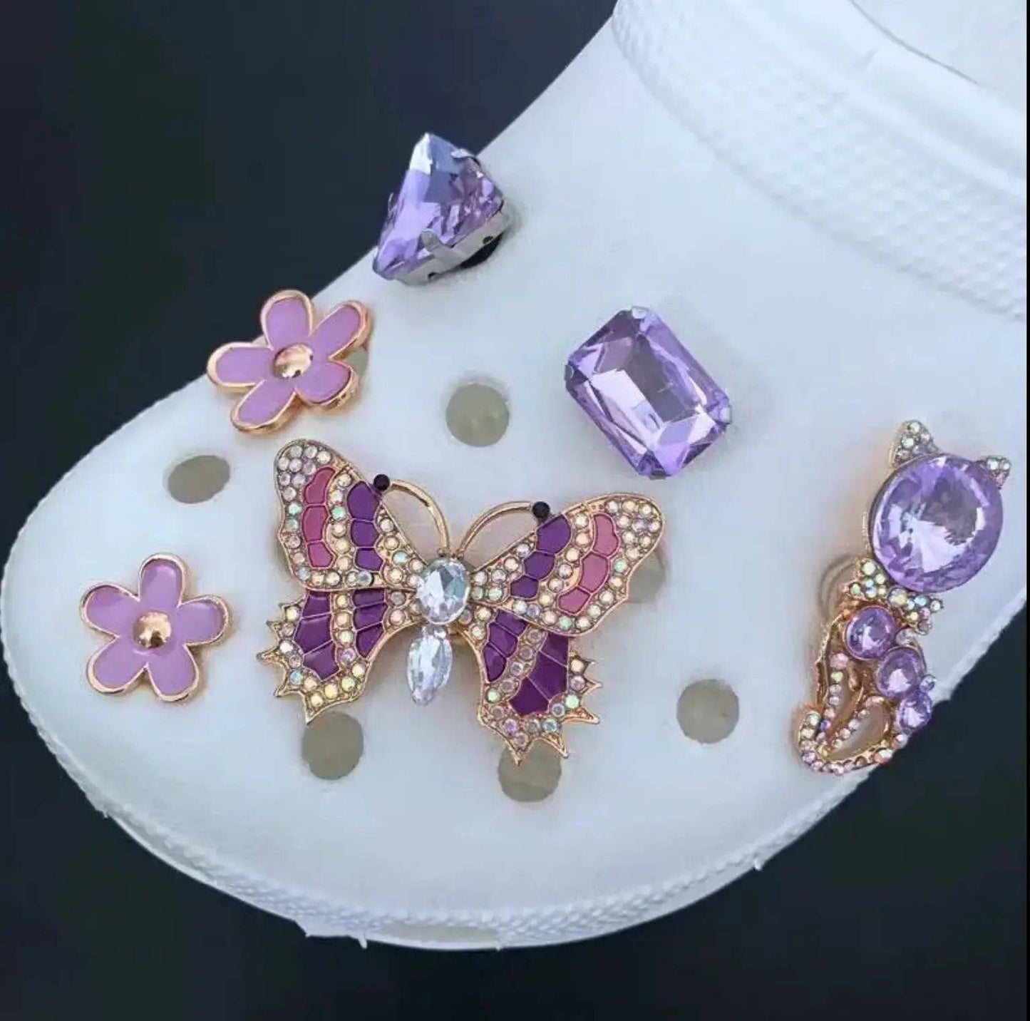 New Luxury Bling Rhinestone charms Metal Purple Style Shoe Charms Brand Decorations for Clog Shoes Flower Charms