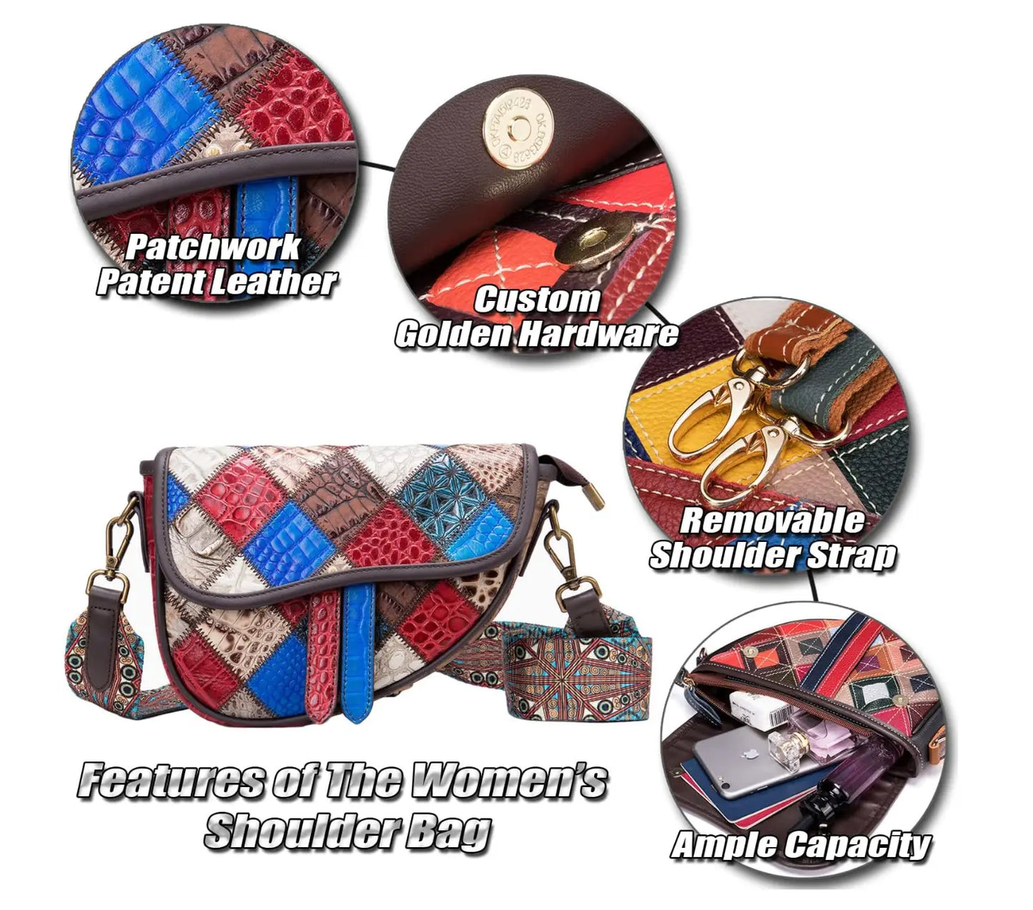 Patchwork Crossbody Bag Unique Genuine Leather Shoulder Bag Phone Purse with Shoulder Strap, Colorful Fendiz