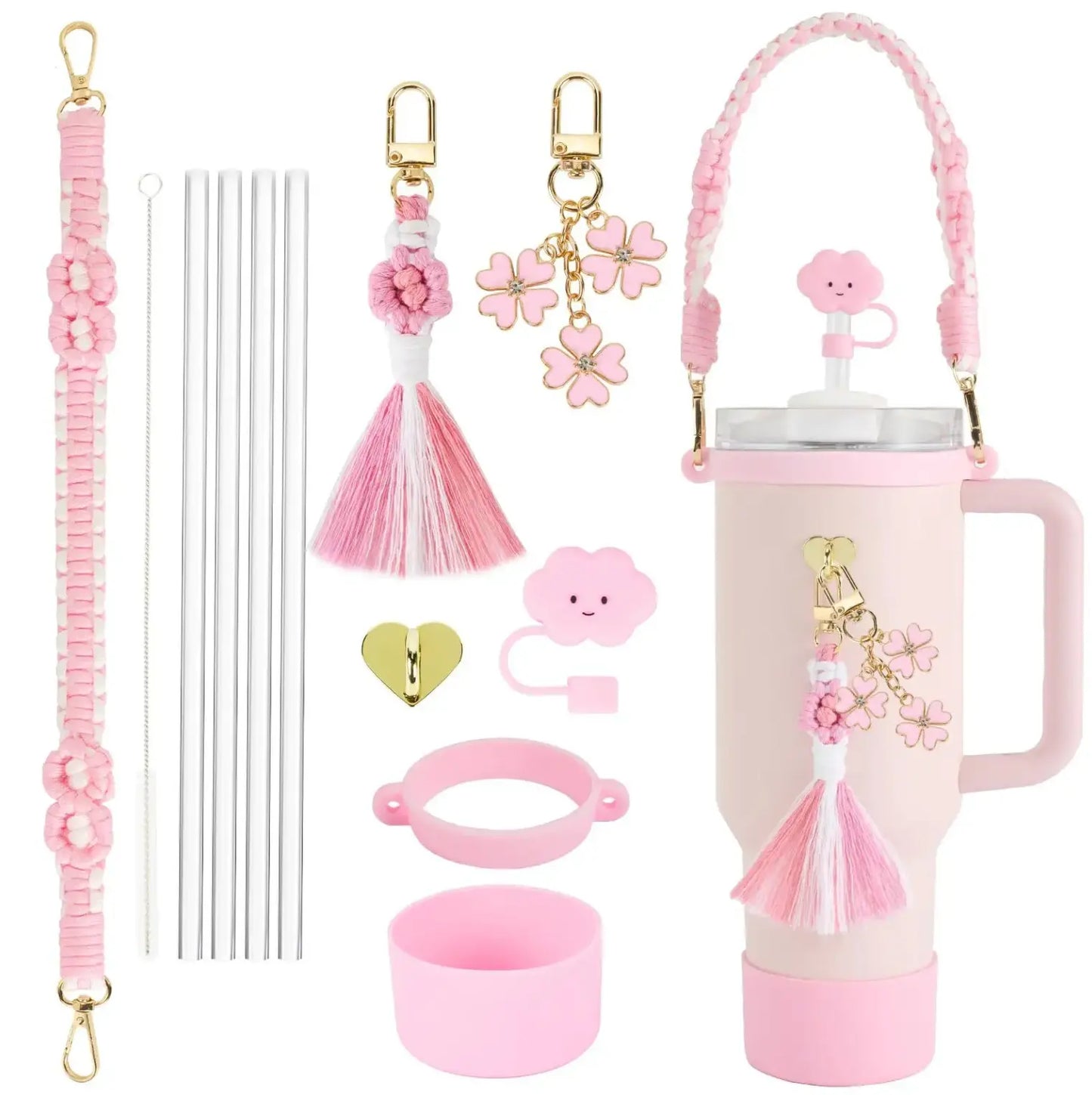 8Pcs Fendiz Cup Accessories for Stanley Cup 30oz 40oz Tumbler with Handle, Including Water Bottle Handle Strap, Chapstick Holder, Boot, Keychain Charms, Straw Topper Cover Cap for Stanley, No Cup - Fendiz