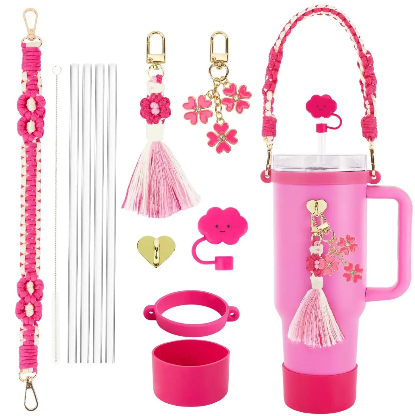 8Pcs Fendiz Cup Accessories for Stanley Cup 30oz 40oz Tumbler with Handle, Including Water Bottle Handle Strap, Chapstick Holder, Boot, Keychain Charms, Straw Topper Cover Cap for Stanley, No Cup - Fendiz