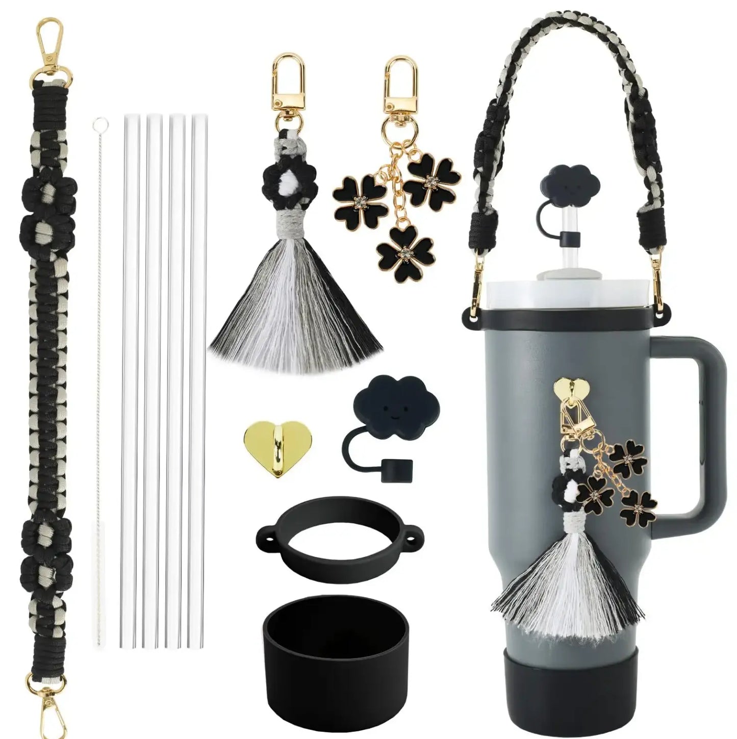 8Pcs Fendiz Cup Accessories for Stanley Cup 30oz 40oz Tumbler with Handle, Including Water Bottle Handle Strap, Chapstick Holder, Boot, Keychain Charms, Straw Topper Cover Cap for Stanley, No Cup - Fendiz
