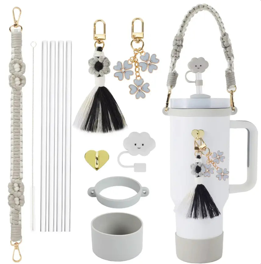 8Pcs Fendiz Cup Accessories for Stanley Cup 30oz 40oz Tumbler with Handle, Including Water Bottle Handle Strap, Chapstick Holder, Boot, Keychain Charms, Straw Topper Cover Cap for Stanley, No Cup - Fendiz