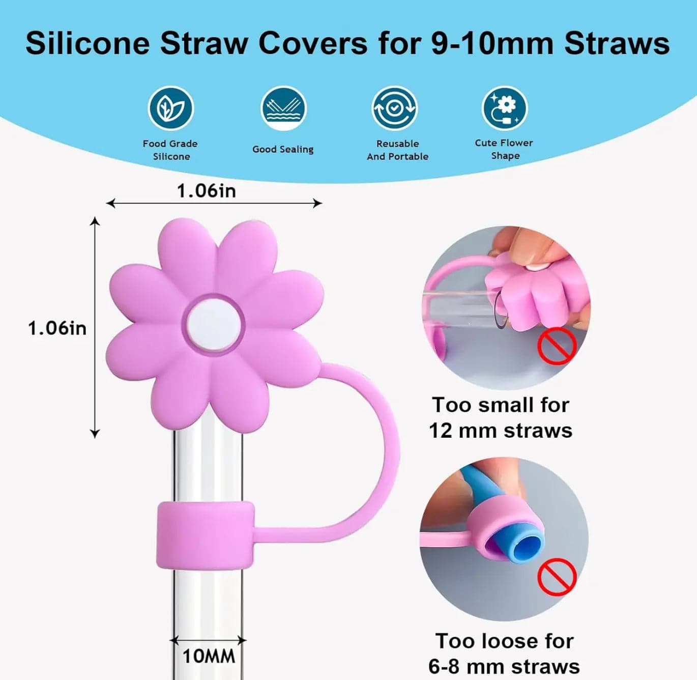 New 10pcs silicone flower straw toppers Reusable Covers and Caps for 9-10mm Straws - Fits Stanley 30 & 40oz Cups