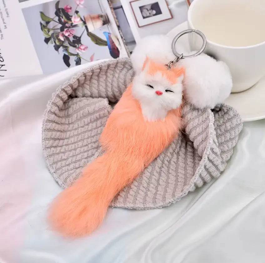 Cute Fox Plush Fluffy Keychain Metal PU Animal Keychain and Backpack Pendant