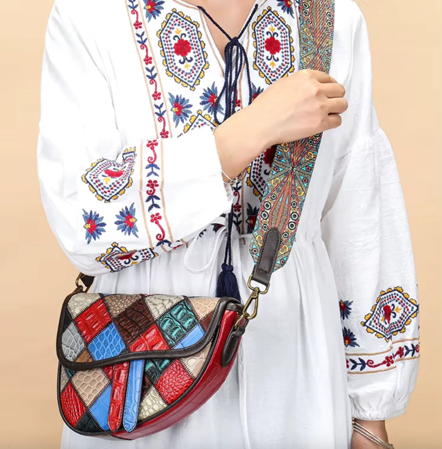 Patchwork Crossbody Bag Unique Genuine Leather Shoulder Bag Phone Purse with Shoulder Strap, Colorful Fendiz