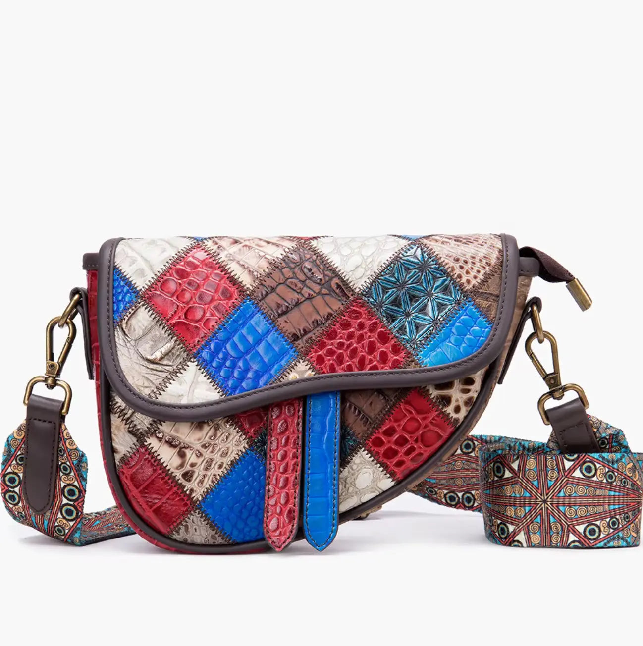Patchwork Crossbody Bag Unique Genuine Leather Shoulder Bag Phone Purse with Shoulder Strap, Colorful Fendiz