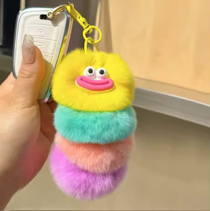 Fendiz Pompom Clown Keychain Plushies Plush Stuffed Sausage Big Mouth Colorful Rabbit Furry Pendant Backpack Decor Fendiz