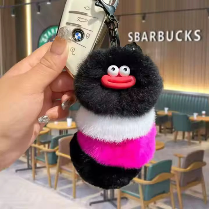 Fendiz Pompom Clown Keychain Plushies Plush Stuffed Sausage Big Mouth Colorful Rabbit Furry Pendant Backpack Decor Fendiz