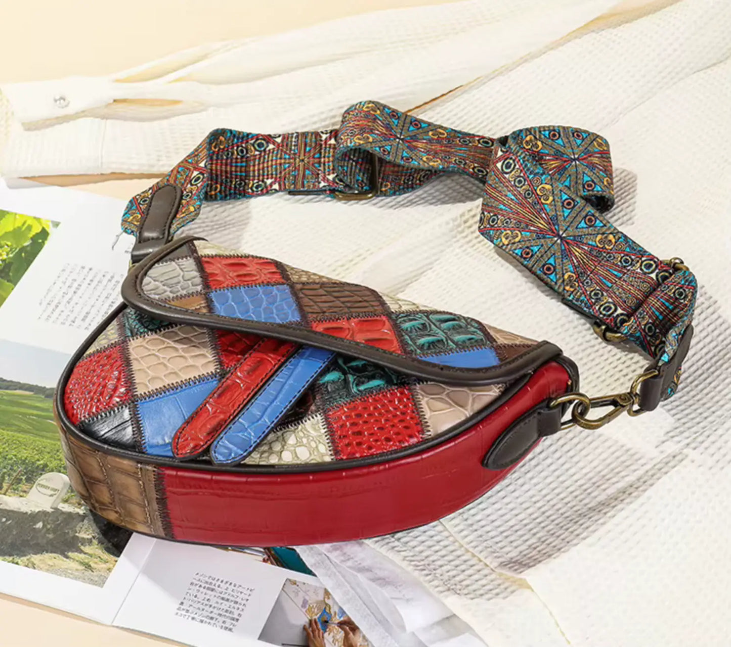 Patchwork Crossbody Bag Unique Genuine Leather Shoulder Bag Phone Purse with Shoulder Strap, Colorful