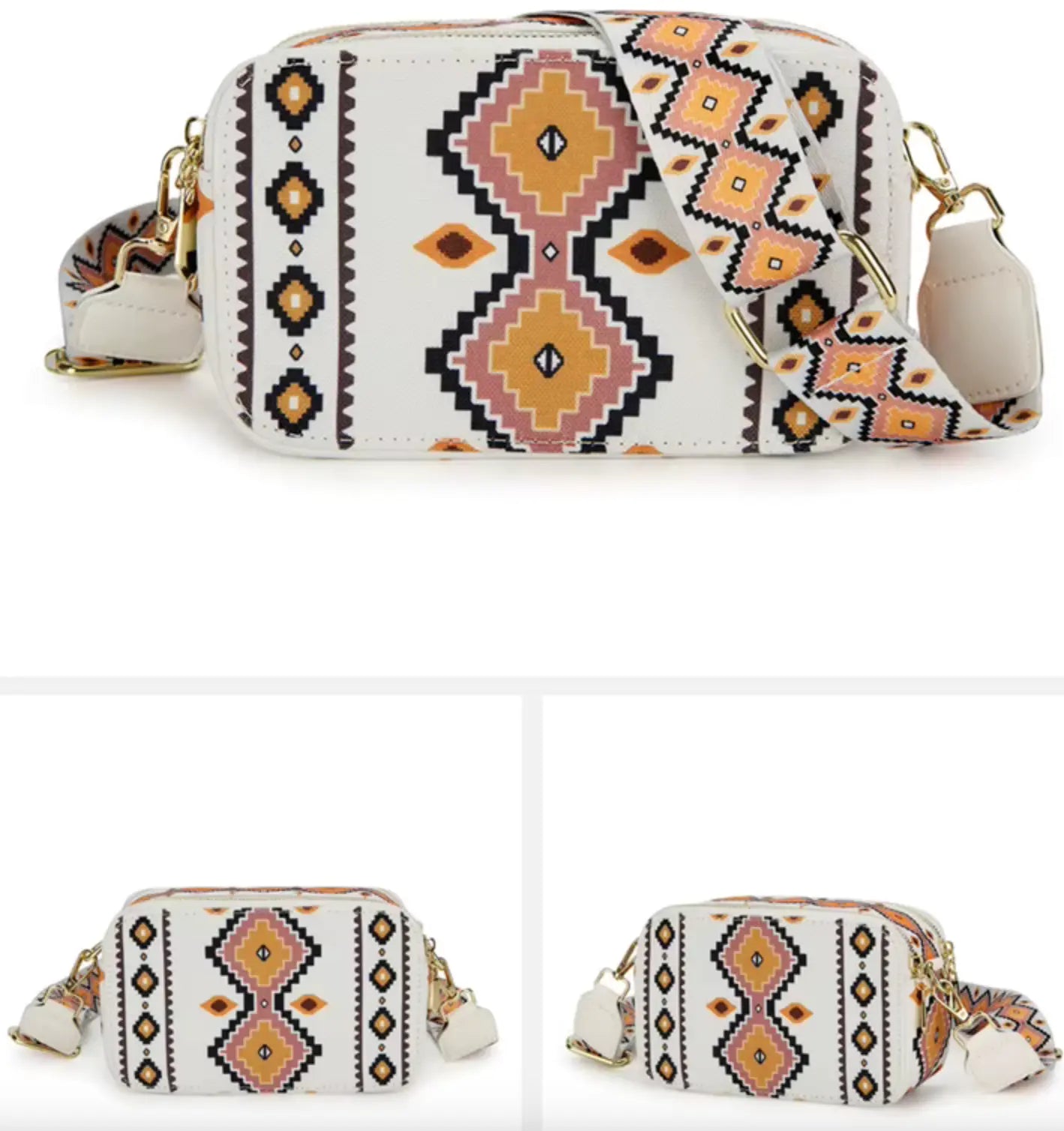 New Mini Crossbody Bag Sling Bag Guitar Strap Mini Crossbody Bag Bohemian Vintage Aztec Two Pattern Square Zipper