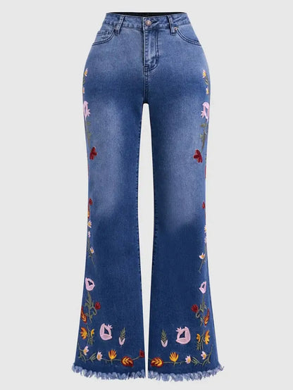 Women's Floral Embroidery Flared Jeans High Waist Bell Bottom Denim Pant Fringe Hem Embroidered Trousers Casual Daily Streetwear