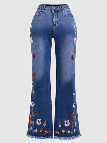 Fendiz Bell Bottom Jeans for Women Flared Floral Embroidered Jean Wide Leg Denim Pants Fendiz