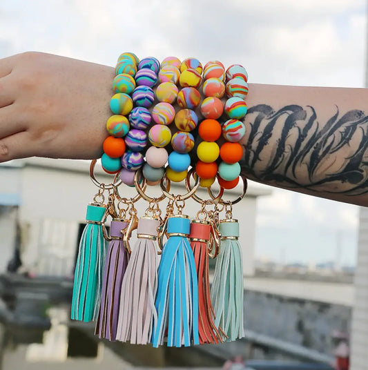 Newest Designs Silicone Beaded Key Ring Leather Tassel Wristlet Bangle Bracelet Keychain - Fendiz
