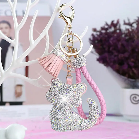 Rhinestones Keyring Girls Tassel Bag Charms Diamond PU Leather Cat Design - Fendiz