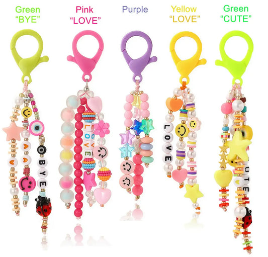 Cute Acrylic LOVE Words Keychains Rainbow Polymer Clay Beaded Tassel Purse Bag - Fendiz