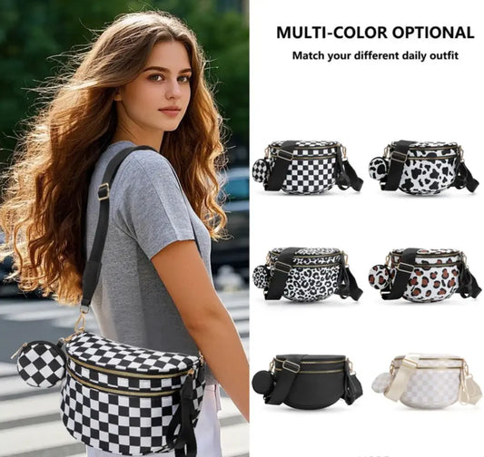 Fendiz Crossbody Chest Bag Belt Bum Bag Double Zipper Fanny Pack Plaid Sling Bags - Fendiz