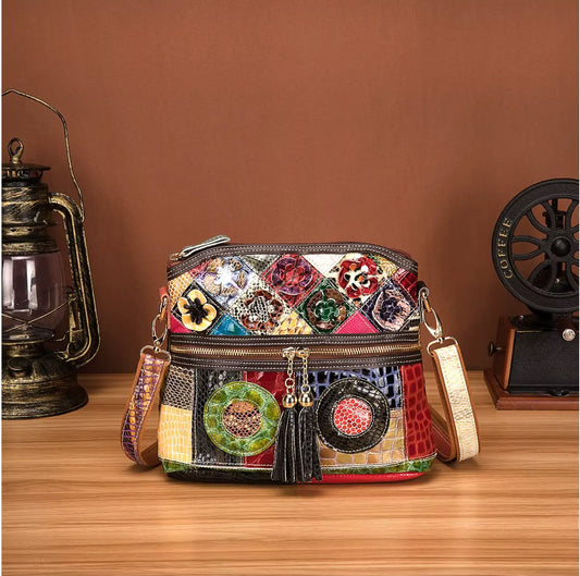 Fendiz Multicolor Floral Crossbody Bag Cowhide Leather Handbag Colorful Purses Vintage Snake Pattern Fendiz