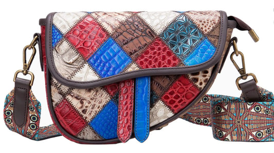 Patchwork Crossbody Bag Unique Genuine Leather Shoulder Bag Phone Purse with Shoulder Strap, Colorful Fendiz