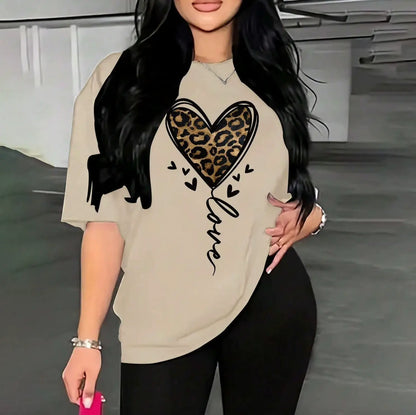New Fendiz Leopard love Print T-shirts Casual Round Neck Colorful Heart Short Sleeves Fendiz