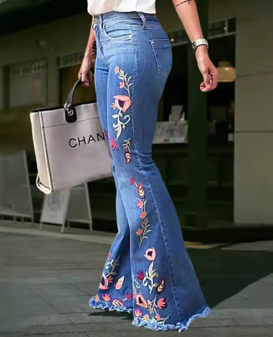 Fendiz Bell Bottom Jeans for Women Flared Floral Embroidered Jean Wide Leg Denim Pants Fendiz