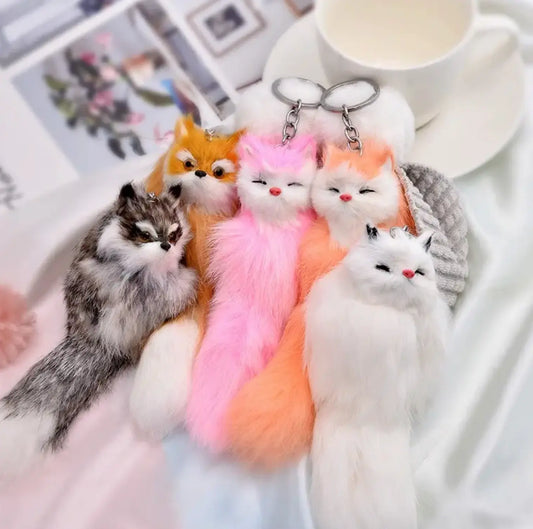 Cute Fox Plush Fluffy Metal PU Animal Keychain and Backpack Pendant - Fendiz