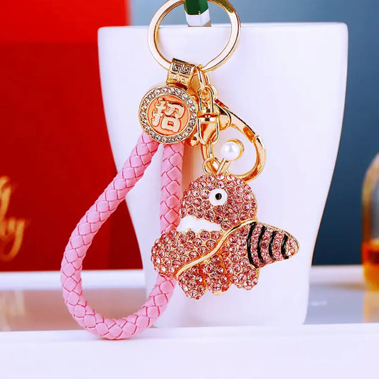 Rhinestone Octopus Car Keychain Metal Cute Bag Pendant With Woven Rope - Fendiz