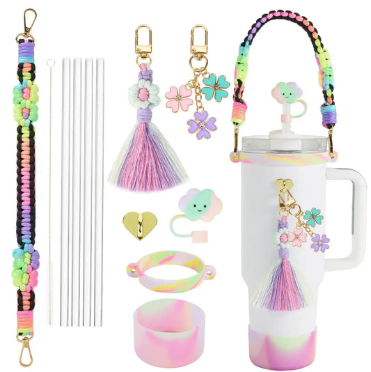 8Pcs Fendiz Cup Accessories for Stanley Cup 30oz 40oz Tumbler with Handle, Including Water Bottle Handle Strap, Chapstick Holder, Boot, Keychain Charms, Straw Topper Cover Cap for Stanley, No Cup - Fendiz
