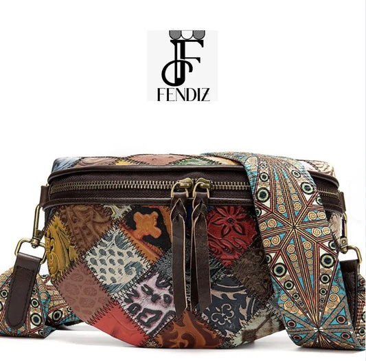 New Fendiz Elegant Shoulder Sling Bag Genuine Cow Leather Retro Classic Fendiz