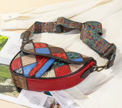 Patchwork Crossbody Bag Unique Genuine Leather Shoulder Bag Phone Purse with Shoulder Strap, Colorful Fendiz