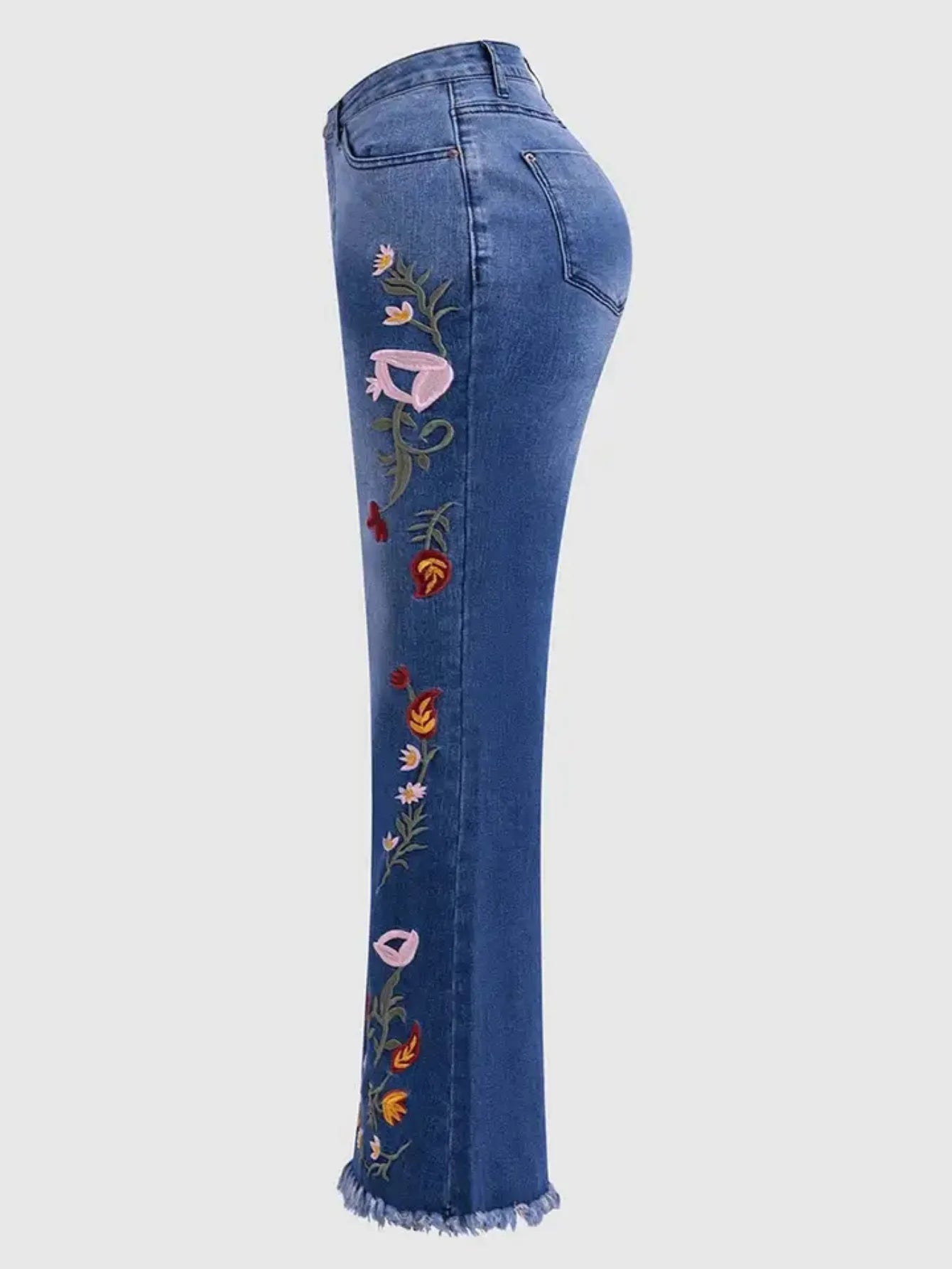 Women's Floral Embroidery Flared Jeans High Waist Bell Bottom Denim Pant Fringe Hem Embroidered Trousers Casual Daily Streetwear