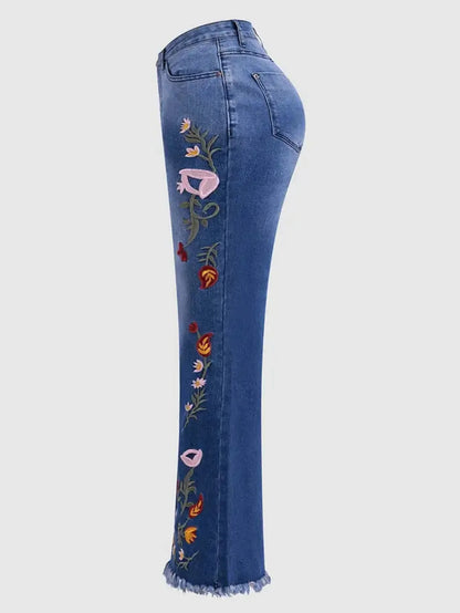 Women's Floral Embroidery Flared Jeans High Waist Bell Bottom Denim Pant Fringe Hem Embroidered Trousers Casual Daily Streetwear