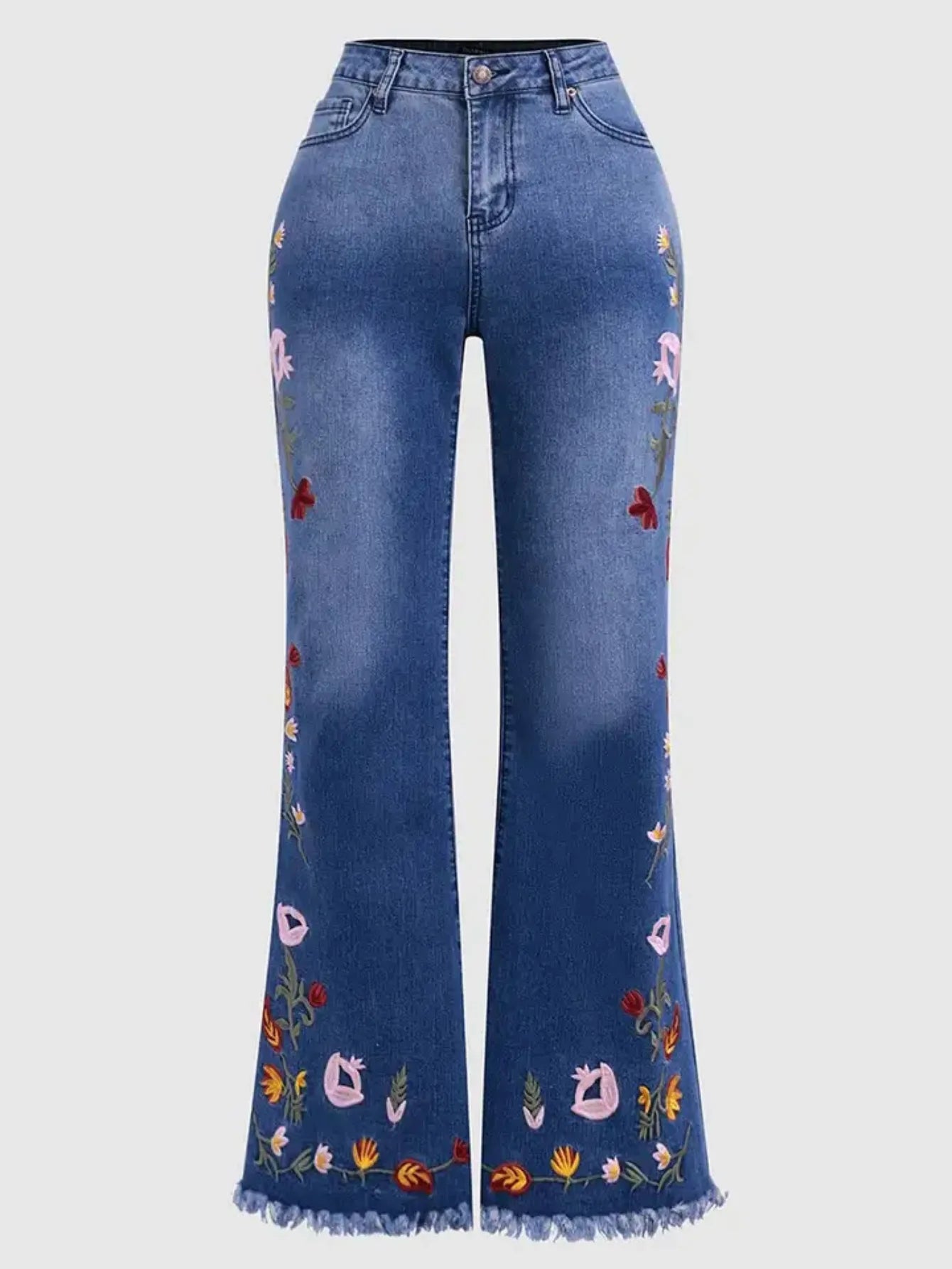 Women's Floral Embroidery Flared Jeans High Waist Bell Bottom Denim Pant Fringe Hem Embroidered Trousers Casual Daily Streetwear