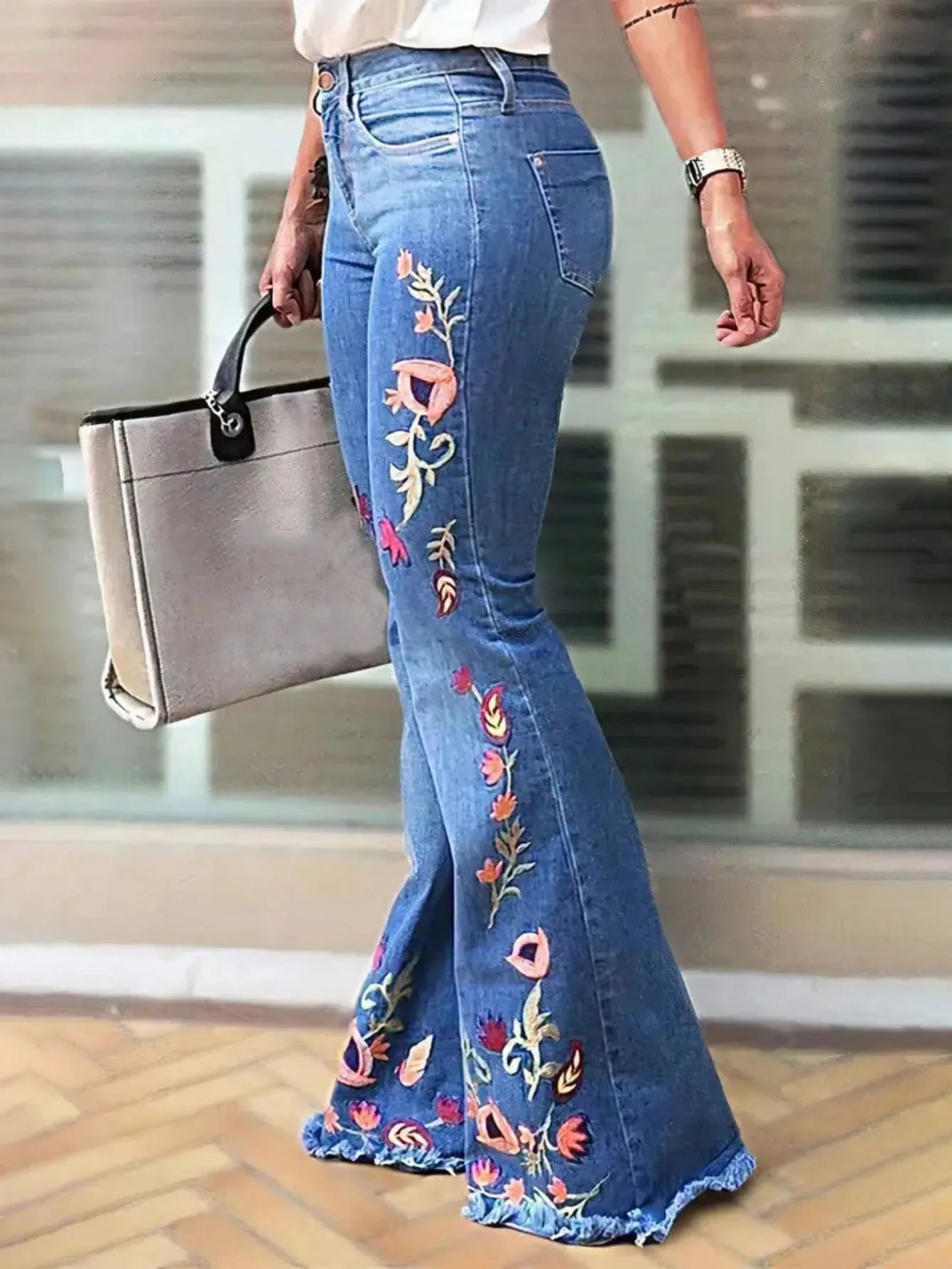 Women's Floral Embroidery Flared Jeans High Waist Bell Bottom Denim Pant Fringe Hem Embroidered Trousers Casual Daily Streetwear