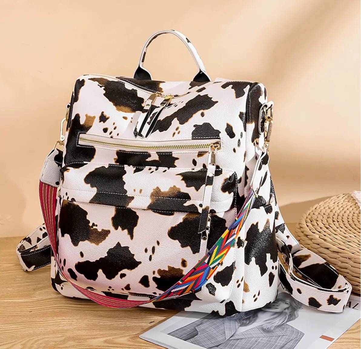 New Fendiz Vintage backpack Rucksack Convertible Shoulder Bag Travel Daypack, Cow Pattern