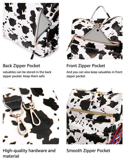 New Fendiz Vintage backpack Rucksack Convertible Shoulder Bag Travel Daypack, Cow Pattern