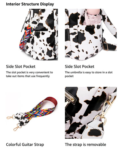New Fendiz Vintage backpack Rucksack Convertible Shoulder Bag Travel Daypack, Cow Pattern