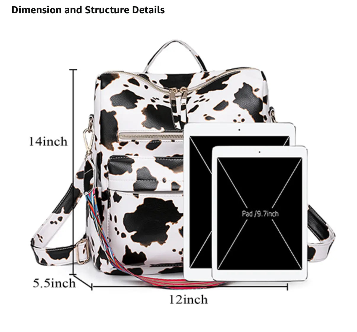 New Fendiz Vintage backpack Rucksack Convertible Shoulder Bag Travel Daypack, Cow Pattern