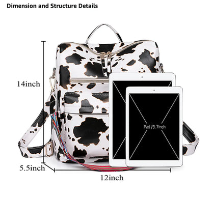 New Fendiz Vintage backpack Rucksack Convertible Shoulder Bag Travel Daypack, Cow Pattern