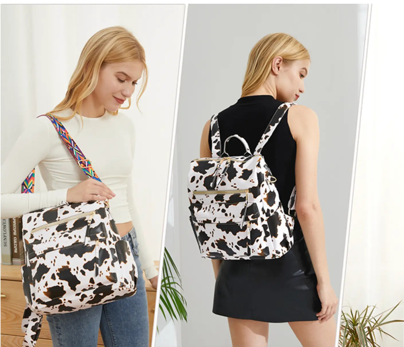 New Fendiz Vintage backpack Rucksack Convertible Shoulder Bag Travel Daypack, Cow Pattern