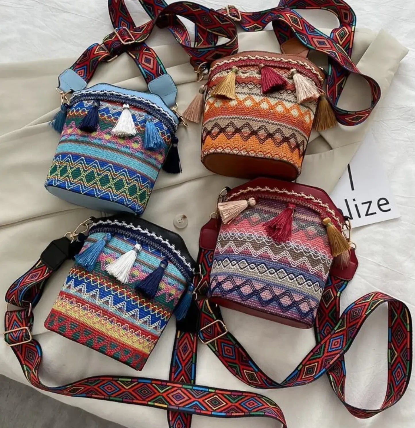 Ethnic Bucket Bags Weave Hobo PU Tassel Shoulder Bags Retro Women Fringe Bohemian Handbag