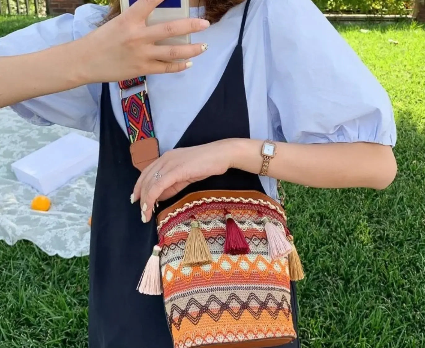 Ethnic Bucket Bags Weave Hobo PU Tassel Shoulder Bags Retro Women Fringe Bohemian Handbag