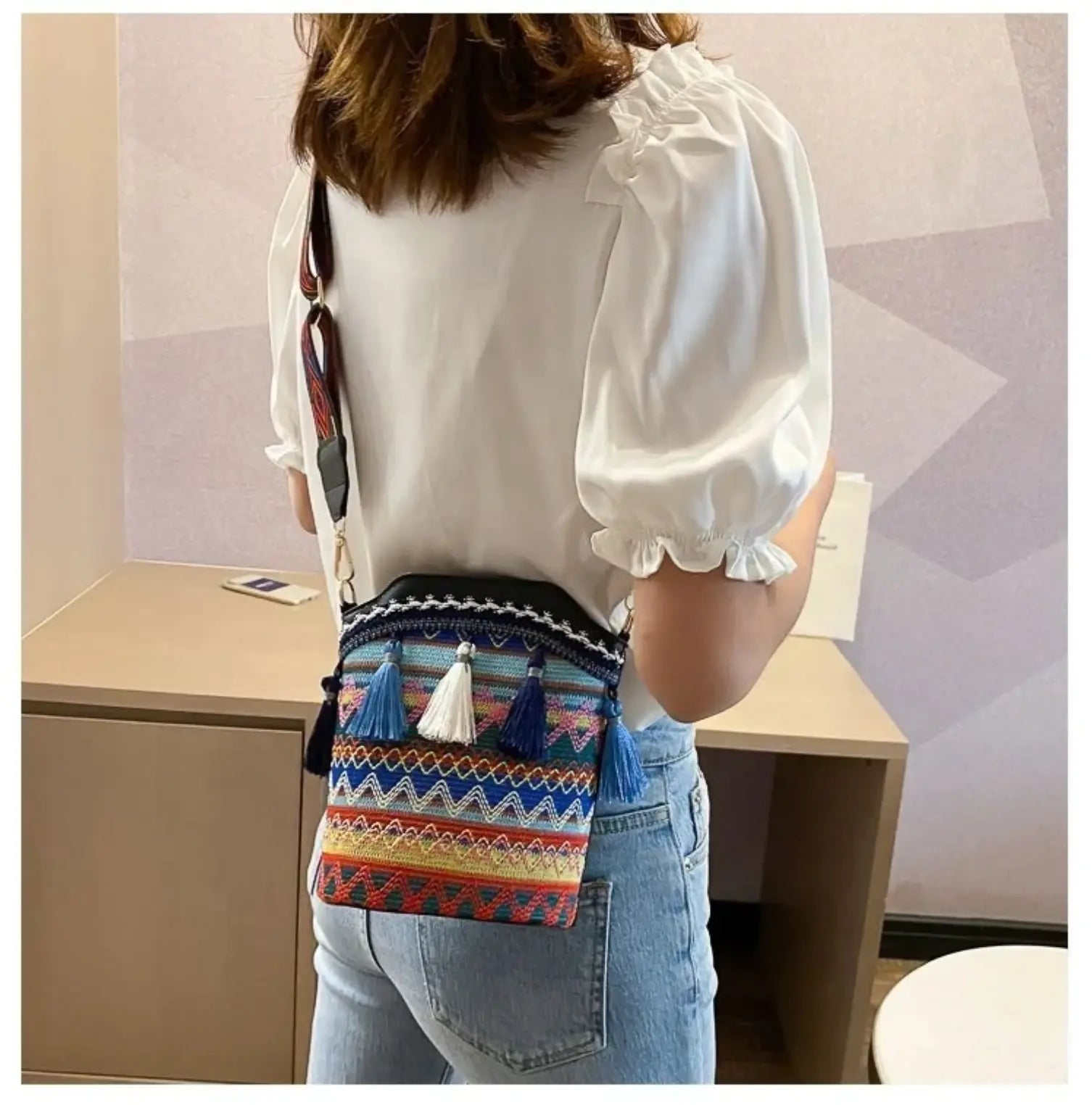 Ethnic Bucket Bags Weave Hobo PU Tassel Shoulder Bags Retro Women Fringe Bohemian Handbag