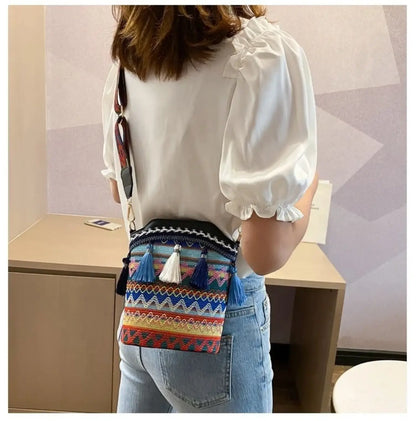 Ethnic Bucket Bags Weave Hobo PU Tassel Shoulder Bags Retro Women Fringe Bohemian Handbag