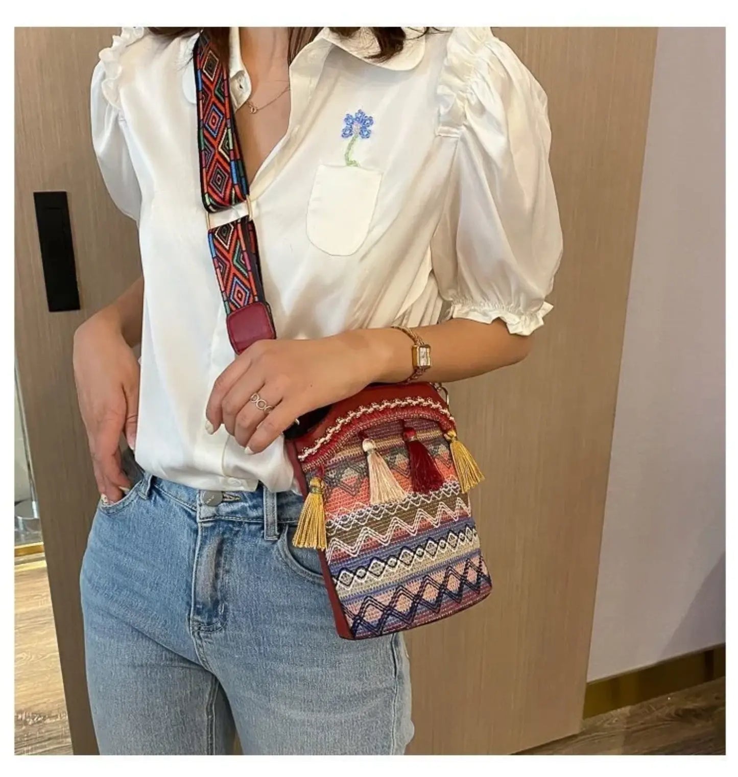 Ethnic Bucket Bags Weave Hobo PU Tassel Shoulder Bags Retro Women Fringe Bohemian Handbag