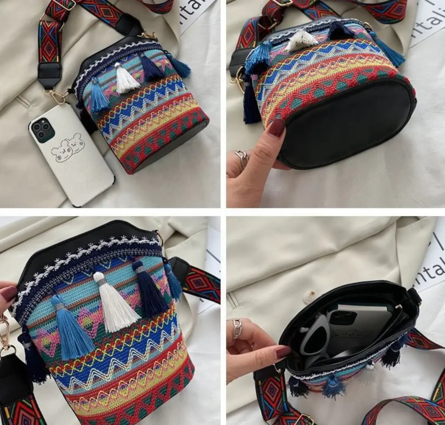 Ethnic Bucket Bags Weave Hobo PU Tassel Shoulder Bags Retro Women Fringe Bohemian Handbag