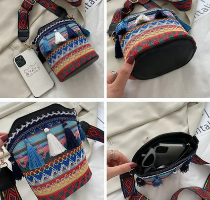 Ethnic Bucket Bags Weave Hobo PU Tassel Shoulder Bags Retro Women Fringe Bohemian Handbag
