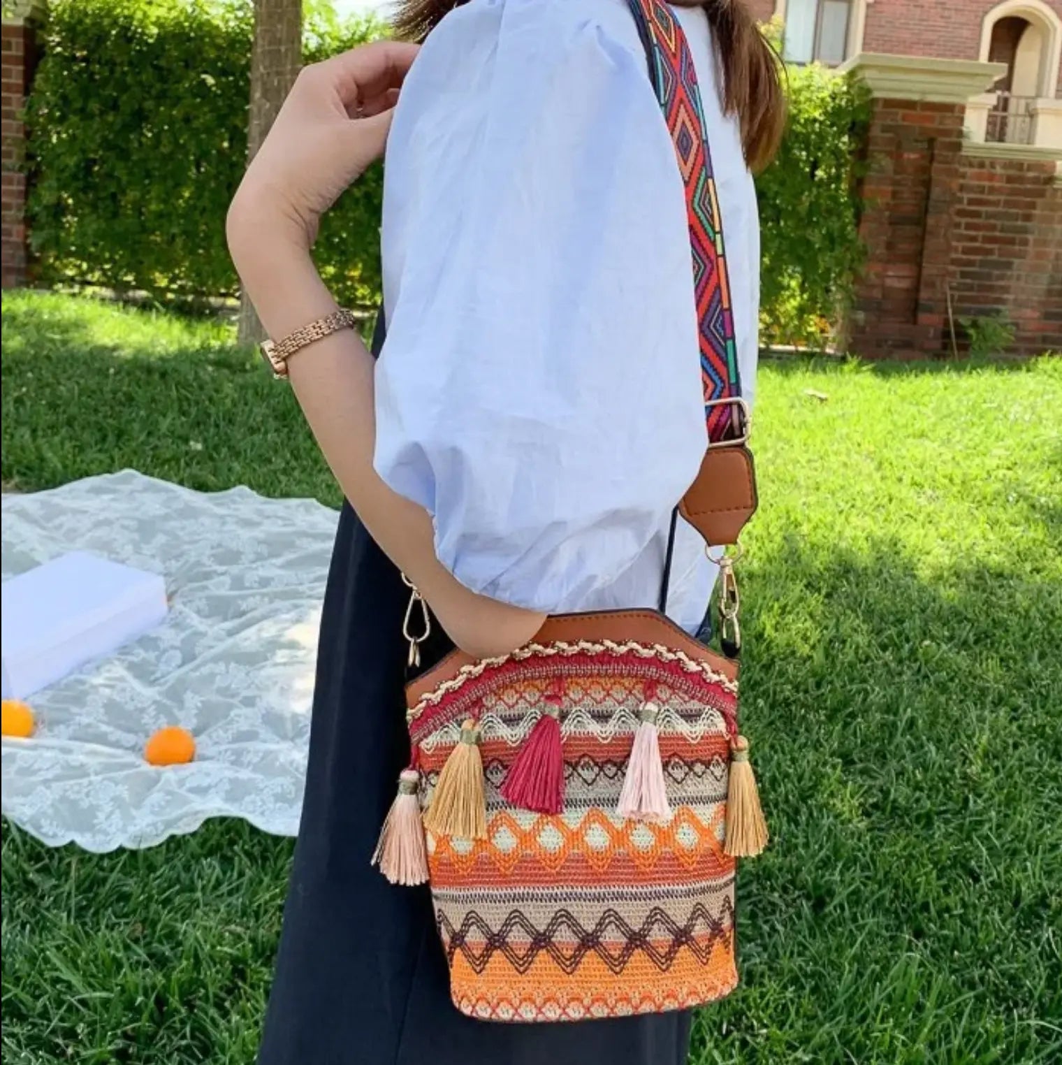 Ethnic Bucket Bags Weave Hobo PU Tassel Shoulder Bags Retro Women Fringe Bohemian Handbag