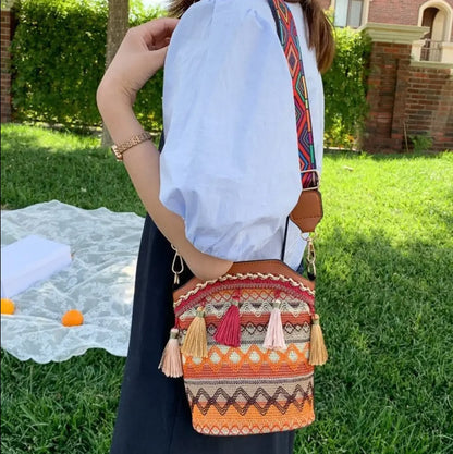 Ethnic Bucket Bags Weave Hobo PU Tassel Shoulder Bags Retro Women Fringe Bohemian Handbag